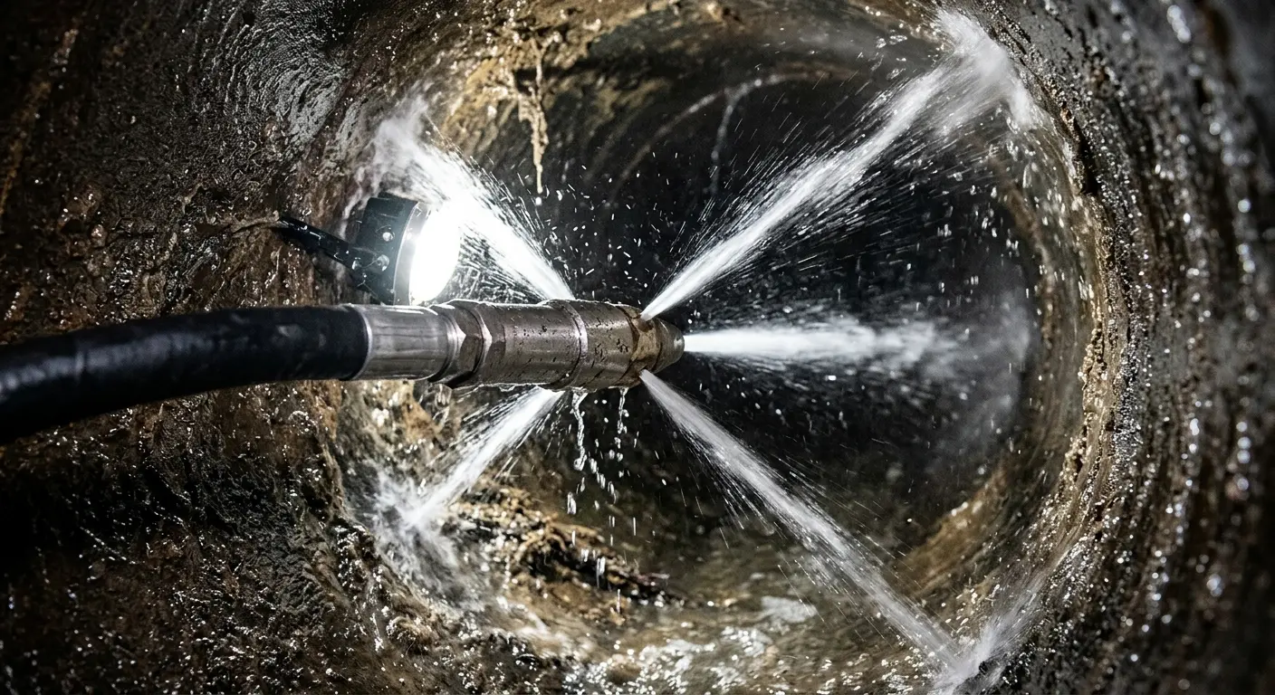 High-pressure hydro jetting nozzle cleaning sewer pipe for Sewer Cleanout in Solvang