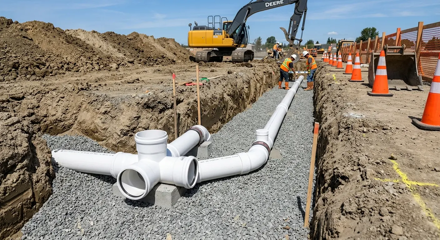 New PVC sewer pipe installation in open trench for Sewer Backup in Solvang
