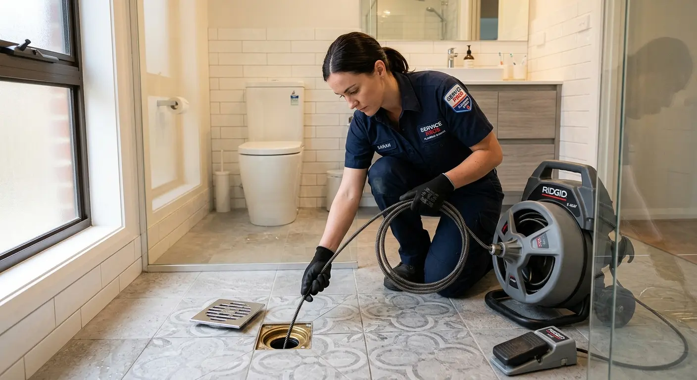 Technician clearing a bathroom floor drain for Sewer Line Installation in Solvang